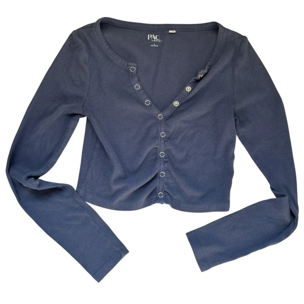 Y2K PAC Sun Blue Ribbed Snap Button Long Sleeve Crop Top Henley Shirt Sz Small